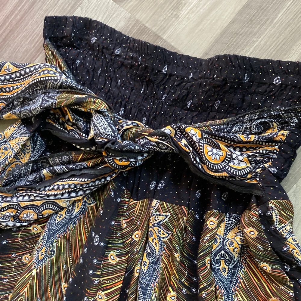Happy Trunks Smocked Peacock Feather Self Tie Maxi Skirt Boho Global sz 3XL - Picture 3 of 8